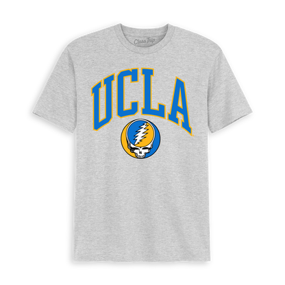 Grey t-shirt with blue and gold UCLA text and a skull logo. UCLA x Grateful Dead Steal Your Face Arch Tee Class Trip | Higher Education