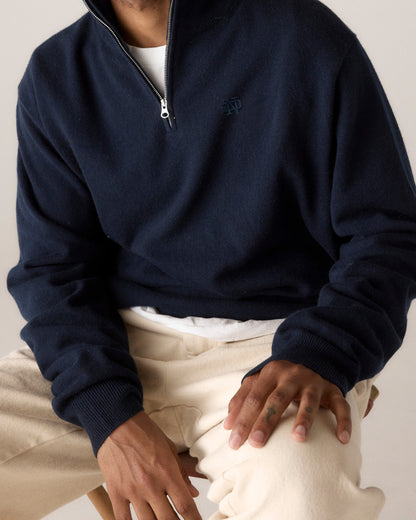 Navy blue quarter-zip pullover with ND logo, layered over white tee, paired with cream pants. Class Trip | Officially Licensed Collegiate Apparel