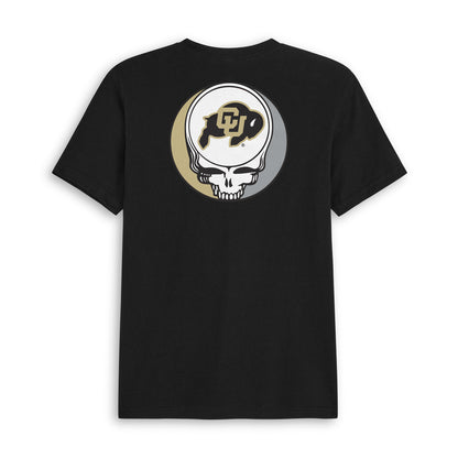 Black t-shirt with Grateful Dead skull and CU Buffaloes logo, collegiate apparel. Class Trip | Higher Education