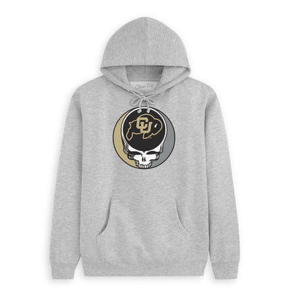 Gray hoodie with Grateful Dead skull & CU Buffaloes logo, college apparel. Class Trip | Higher Education