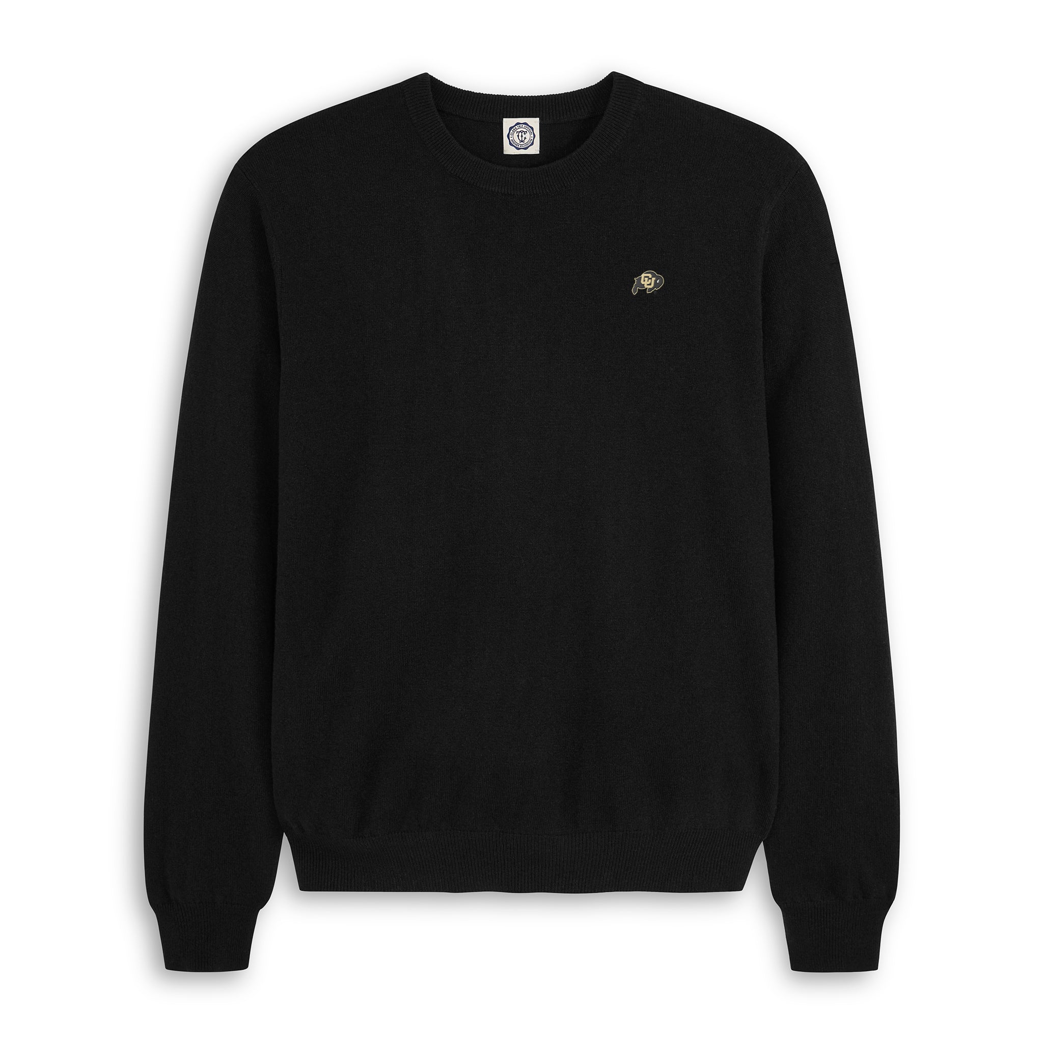 Men's black merino wool sweater with small collegiate logo on chest, crewneck style. Class Trip | Officially Licensed Collegiate Apparel