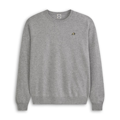 Men's grey merino crewneck sweater with collegiate logo embroidery, front view. Class Trip | Officially Licensed Collegiate Apparel