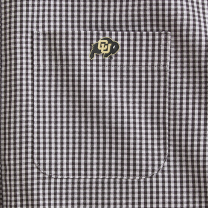 Black and white check Oxford shirt pocket with collegiate logo patch. Class Trip | Officially Licensed Collegiate Apparel