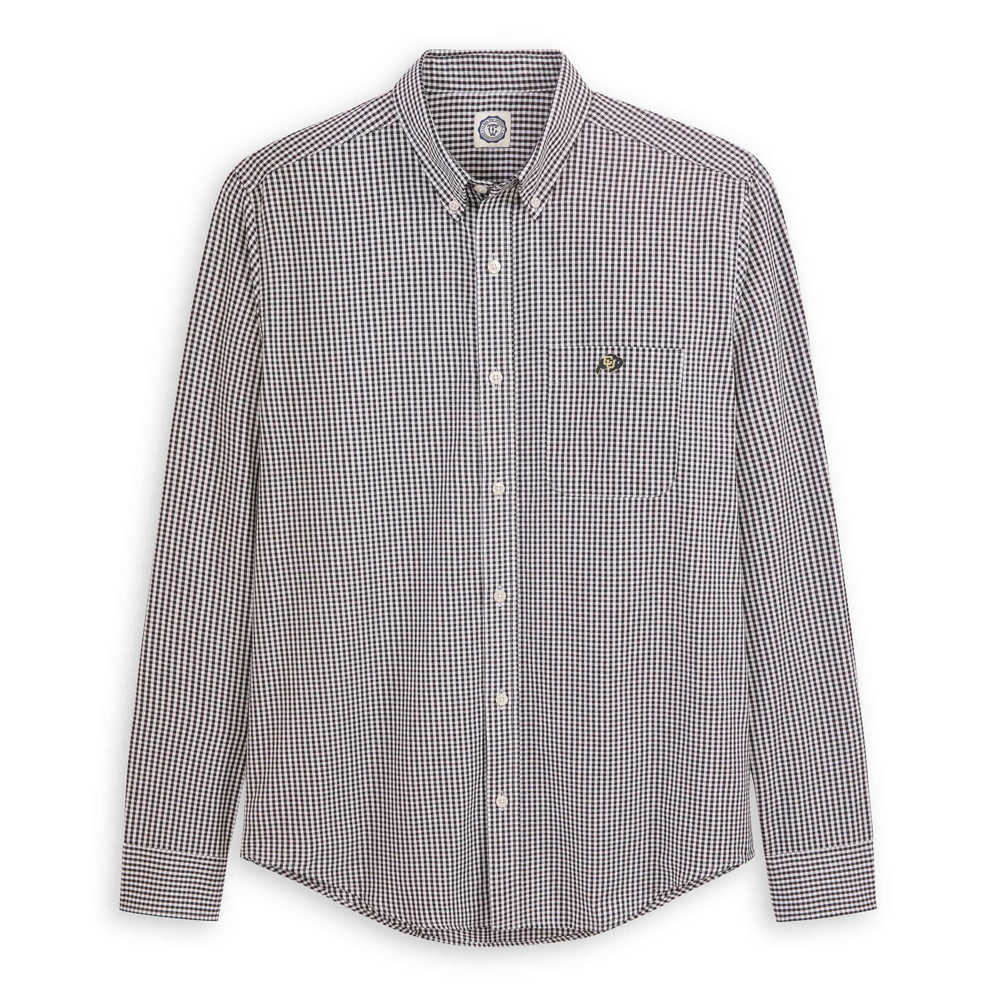 Men’s black micro check oxford shirt with button-down collar and chest logo patch, front view. Class Trip | Officially Licensed Collegiate Apparel