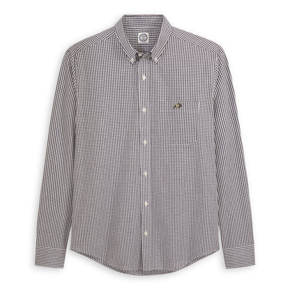 Men’s black micro check oxford shirt with button-down collar and chest logo patch, front view. Class Trip | Officially Licensed Collegiate Apparel