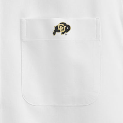 White oxford shirt chest pocket with collegiate buffalo logo. Class Trip | Officially Licensed Collegiate Apparel