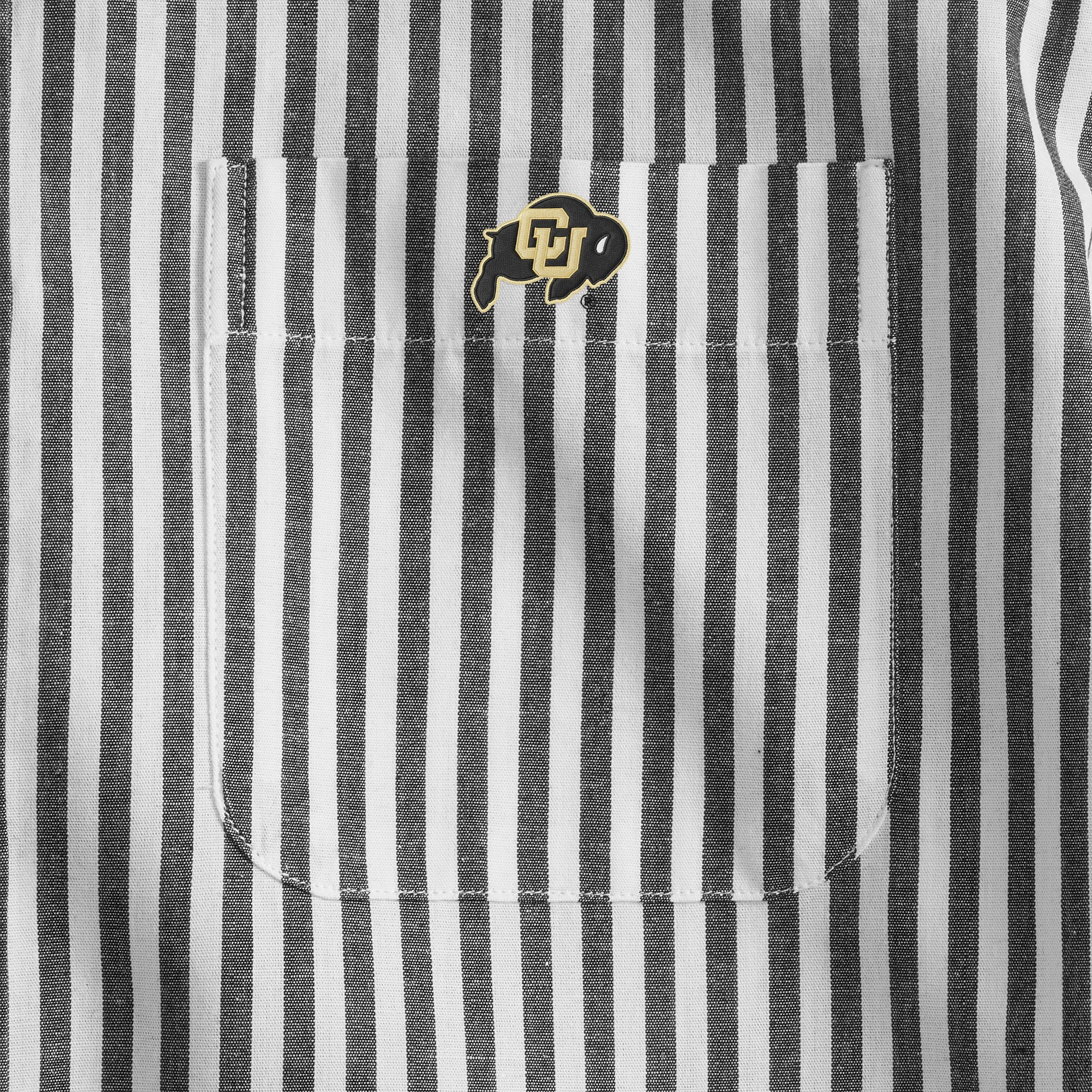 Black and white striped men's shirt pocket with collegiate buffalo logo, Class Trip | Officially Licensed Collegiate Apparel
