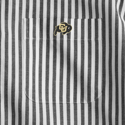Black and white striped men's shirt pocket with collegiate buffalo logo, Class Trip | Officially Licensed Collegiate Apparel