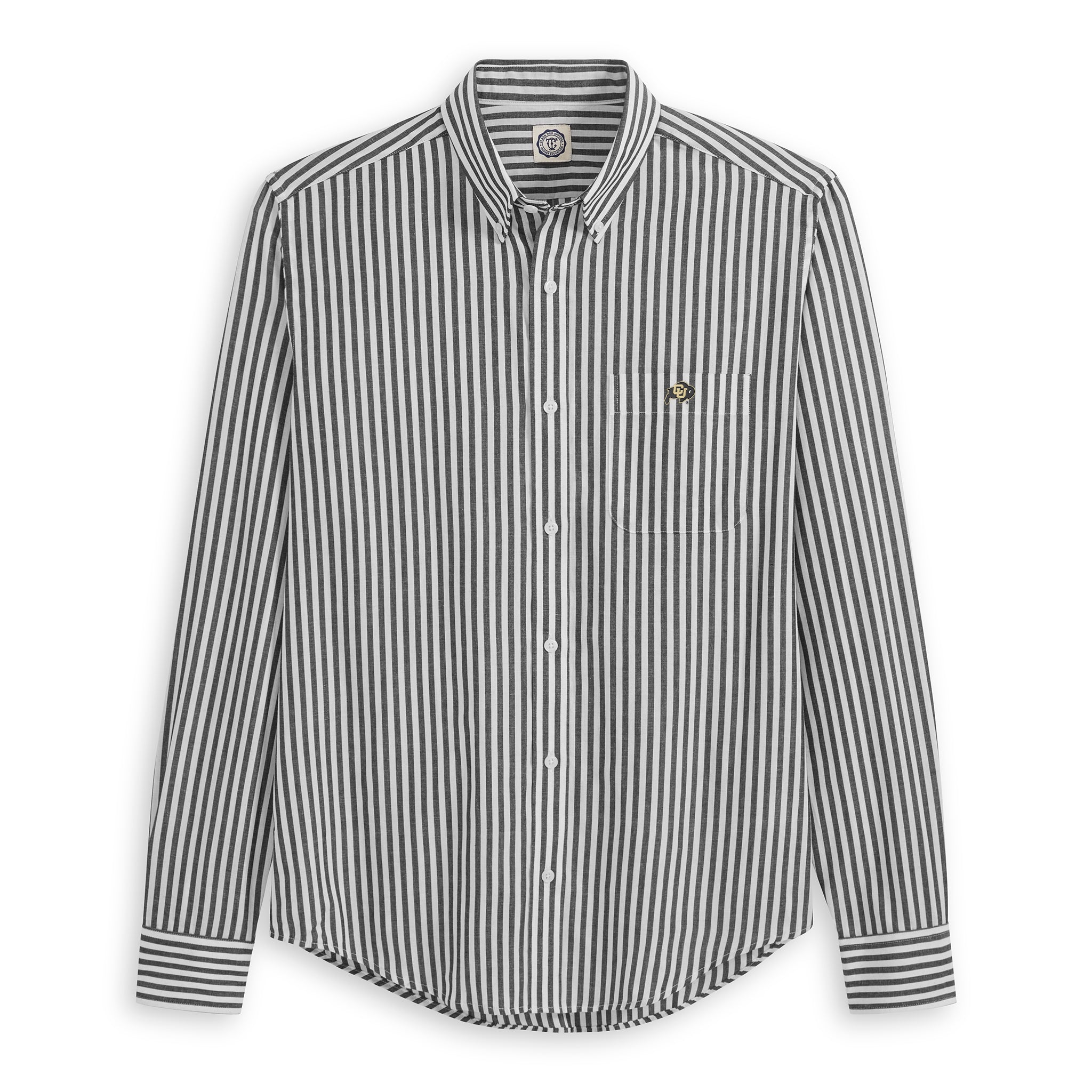 Men's black and white striped button-up poplin shirt with chest pocket and embroidered patch. Class Trip | Officially Licensed Collegiate Apparel