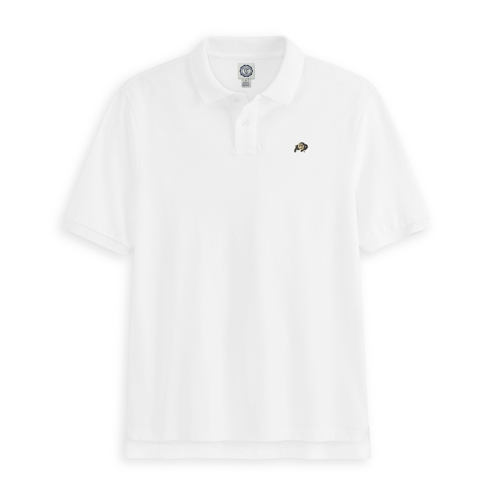 White pique polo shirt with a small embroidered college mascot logo on chest. Class Trip | Officially Licensed Collegiate Apparel