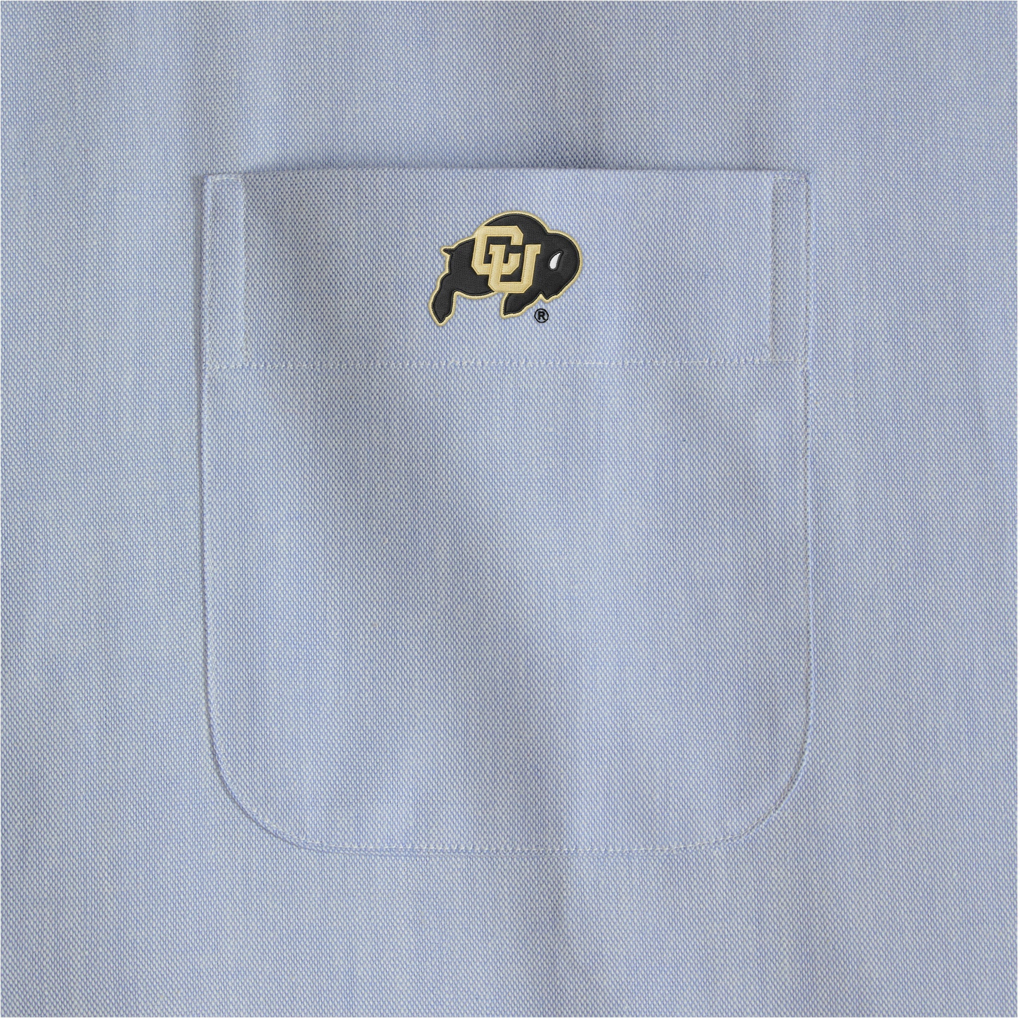 Light blue women's oxford shirt pocket with buffalo collegiate logo, Class Trip | Officially Licensed Collegiate Apparel