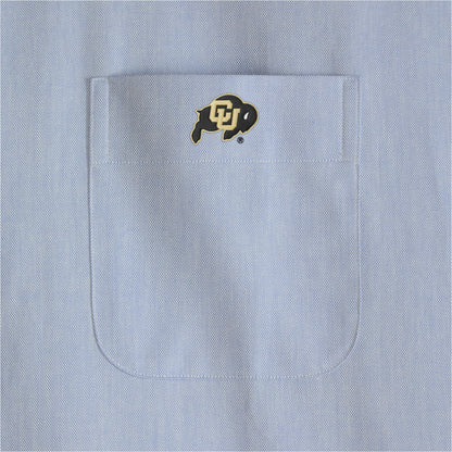 Light blue women's oxford shirt pocket with buffalo collegiate logo, Class Trip | Officially Licensed Collegiate Apparel