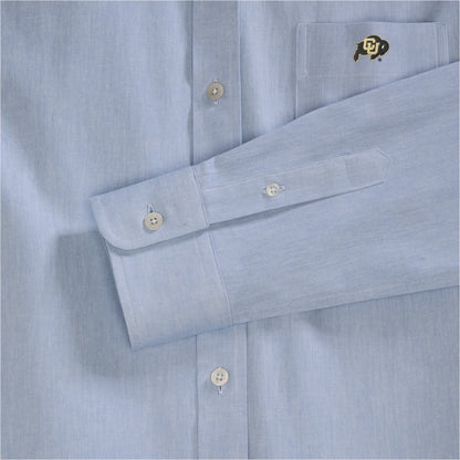 Women's oxford blue button-up shirt with embroidered collegiate logo on pocket, Class Trip | Officially Licensed Collegiate Apparel
