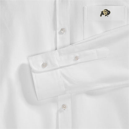 White women's oxford shirt with campus logo on pocket, button details visible. Class Trip | Officially Licensed Collegiate Apparel