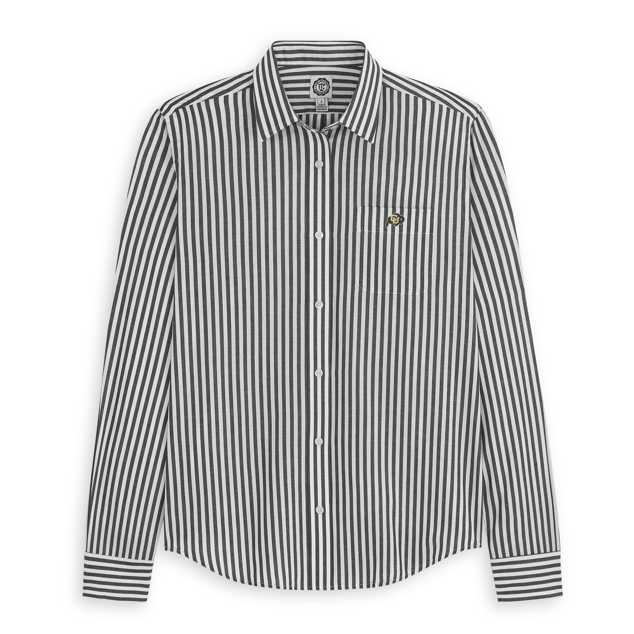 Women's black and white striped poplin button-up shirt with embroidered collegiate logo, Class Trip | Officially Licensed Collegiate Apparel