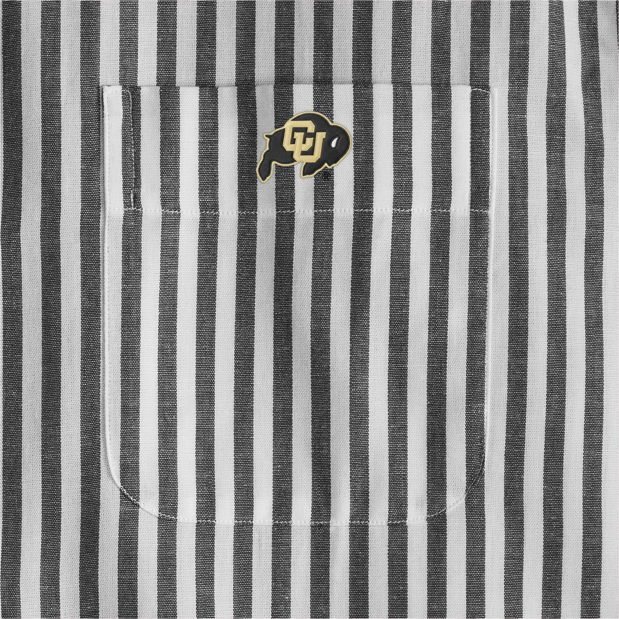 Black and white striped women's poplin shirt pocket with collegiate logo. Class Trip | Officially Licensed Collegiate Apparel