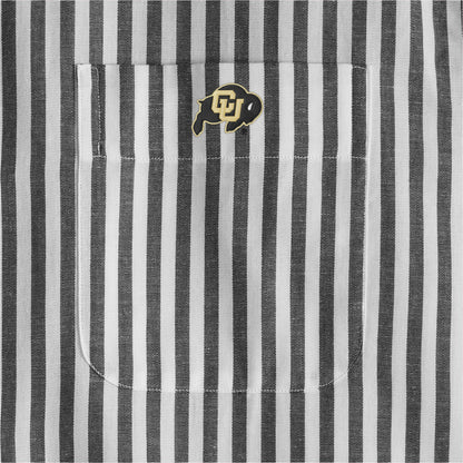 Black and white striped women's poplin shirt pocket with collegiate logo. Class Trip | Officially Licensed Collegiate Apparel