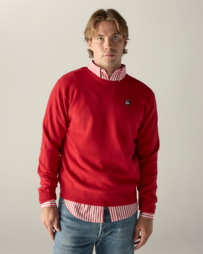 Man in red merino sweater and striped shirt, collegiate style. Class Trip | Officially Licensed Collegiate Apparel