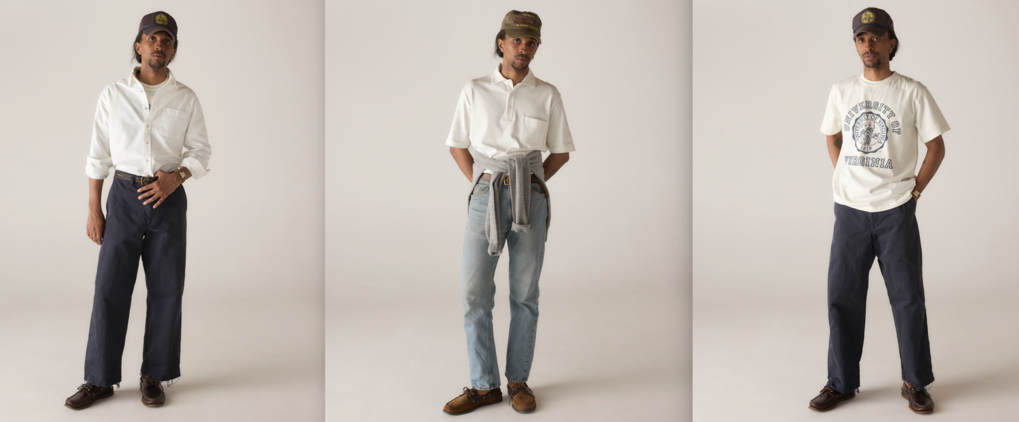 Three different outfits worn by a person on a plain background
