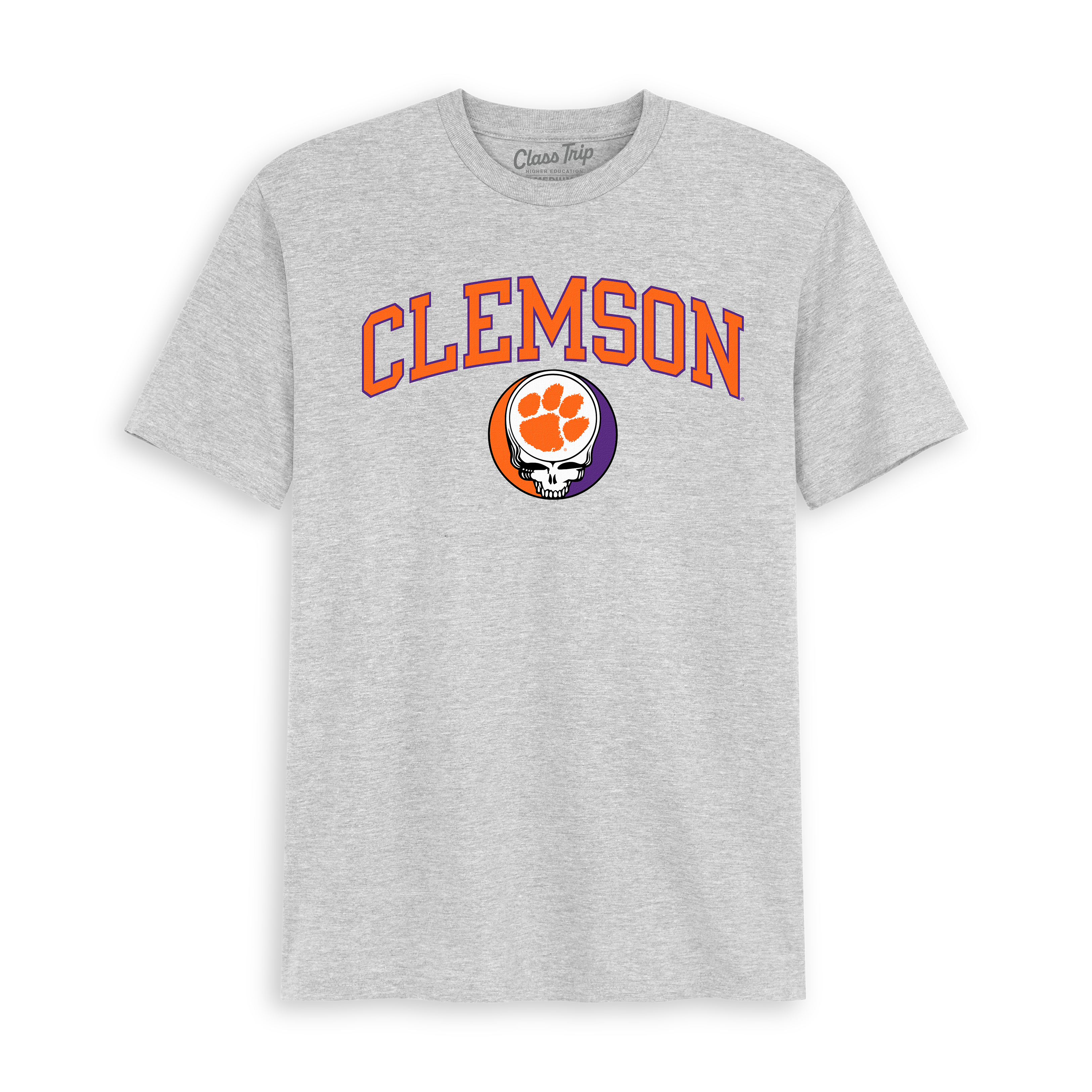 Heather grey Clemson t-shirt with orange paw print and skull logo graphic. Class Trip | Officially Licensed Collegiate Apparel