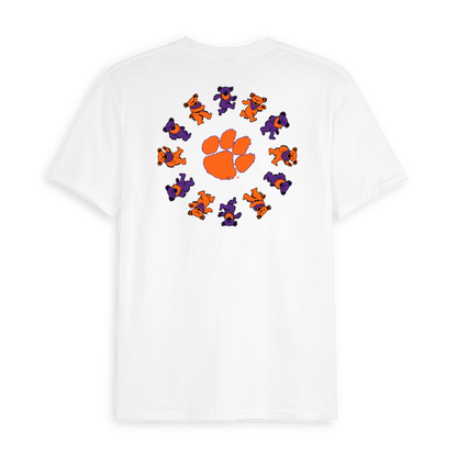 White t-shirt featuring orange paw print and dancing bears graphic, collegiate tee. Class Trip | Officially Licensed Collegiate Apparel