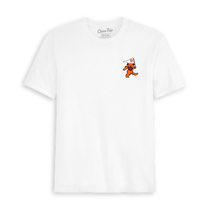 White collegiate t-shirt with dancing bear and Clemson flag graphic, front view. Class Trip | Officially Licensed Collegiate Apparel