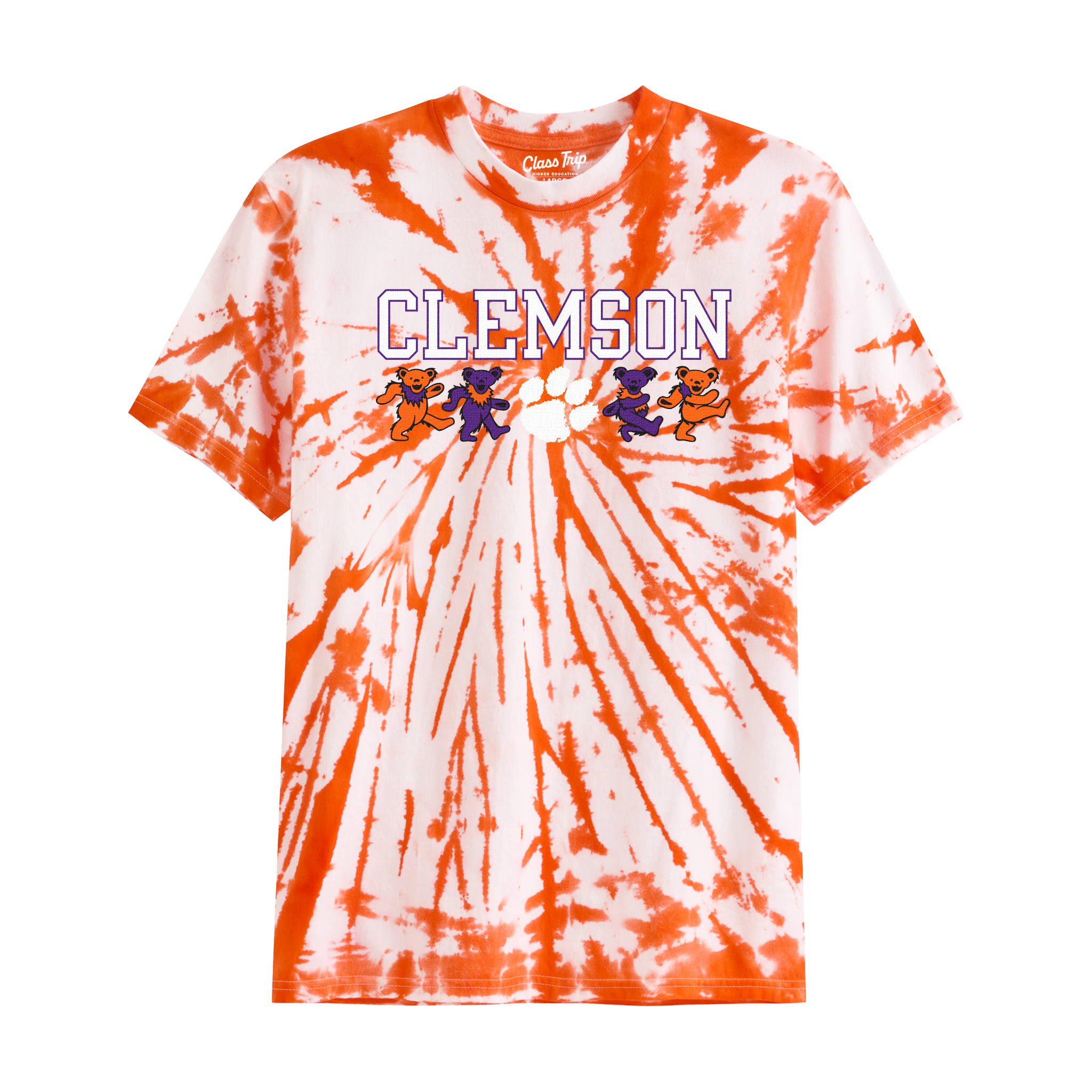 Orange and white tie-dye Clemson t-shirt with colorful mascot bears and paw print, Class Trip | Officially Licensed Collegiate Apparel