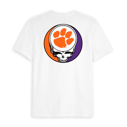 White t-shirt with orange and purple skull and paw print graphic on back. Class Trip | Officially Licensed Collegiate Apparel