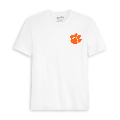 White collegiate t-shirt with orange paw print graphic on left chest. Class Trip | Officially Licensed Collegiate Apparel
