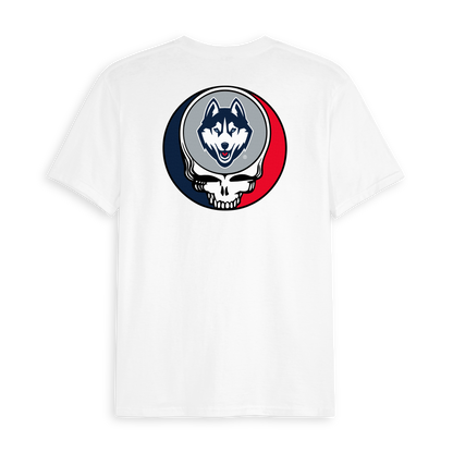White tee with UConn Huskies Grateful Dead SYF skull logo on back. Class Trip | Officially Licensed Collegiate Apparel