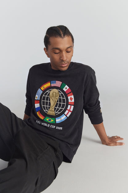 Black long sleeve tee with FIFA World Cup 2026 graphic, featuring globe and national flags. Class Trip | Higher Education