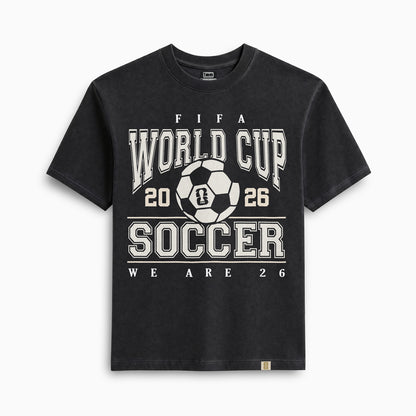 Black FIFA World Cup 2026 soccer tee with vintage graphic, 'We Are 26' text. Class Trip | Higher Education