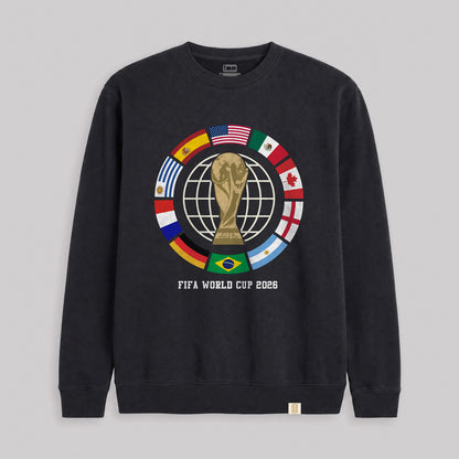 FIFA World Cup 2026 sweatshirt with trophy and global flags design. Class Trip | Higher Education