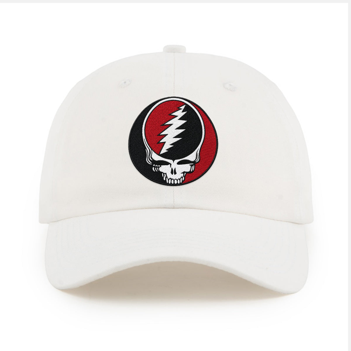 White dad hat with Grateful Dead Steal Your Face skull logo, Class Trip | Officially Licensed Collegiate Apparel