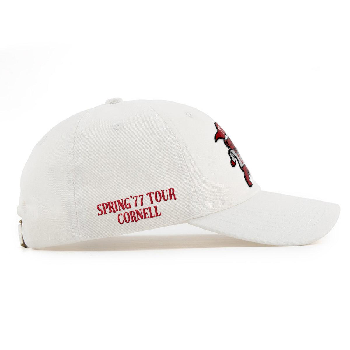 White Cornell Spring '77 Tour cap with red mascot embroidery. Class Trip | Officially Licensed Collegiate Apparel