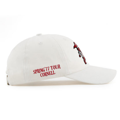 White Cornell Spring '77 Tour cap with red mascot embroidery. Class Trip | Officially Licensed Collegiate Apparel