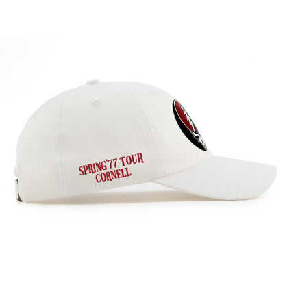 White Cornell Spring '77 Tour cap with red text and Grateful Dead patch. Class Trip | Officially Licensed Collegiate Apparel