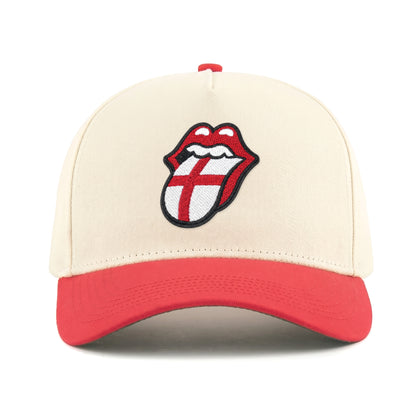 Cream and red baseball cap with embroidered Rolling Stones tongue logo featuring England flag design. Class Trip | Higher Education