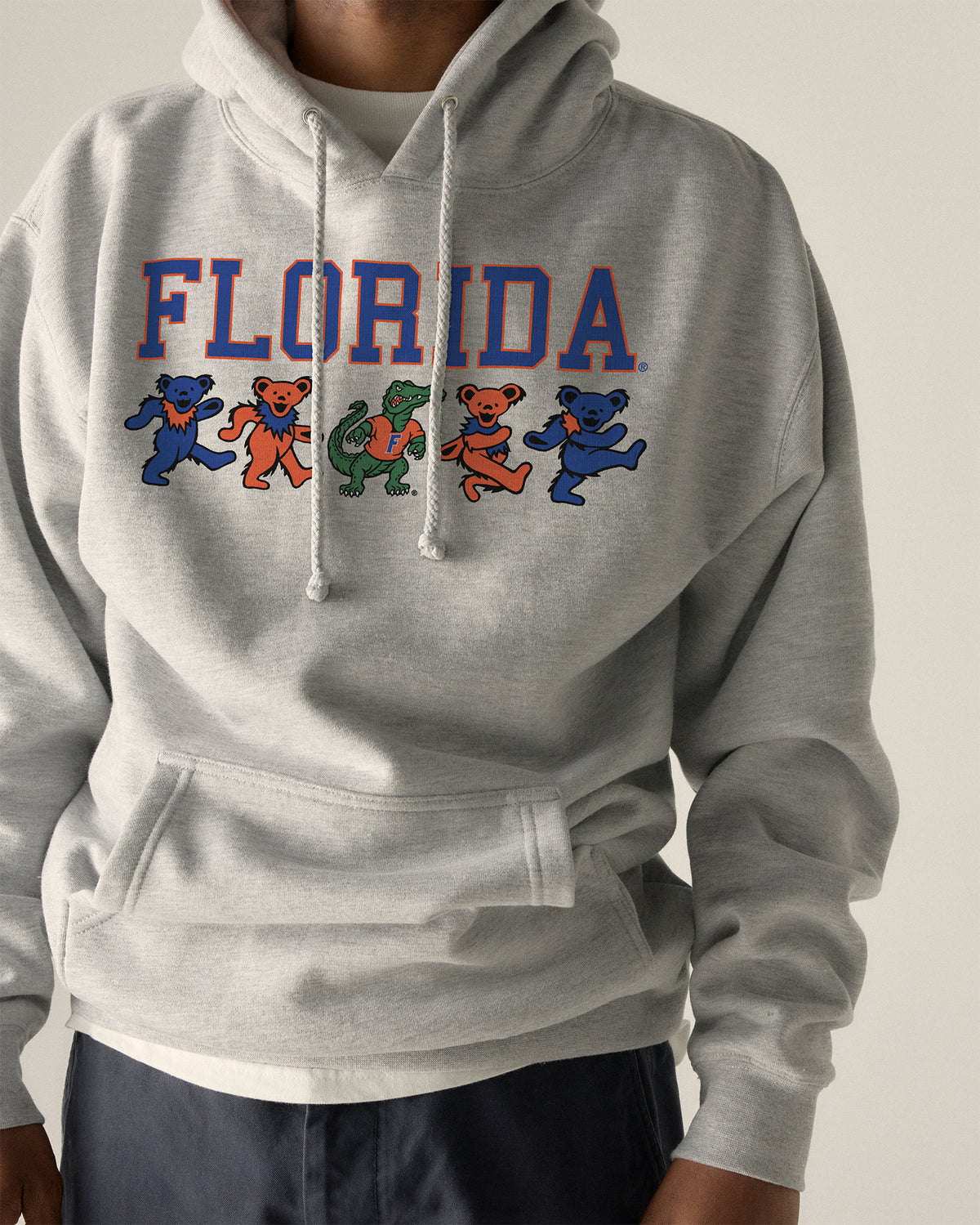 Grey hoodie with FLORIDA text and dancing bears. Florida x Grateful Dead Mascot Bears Hoodie Class Trip | Higher Education