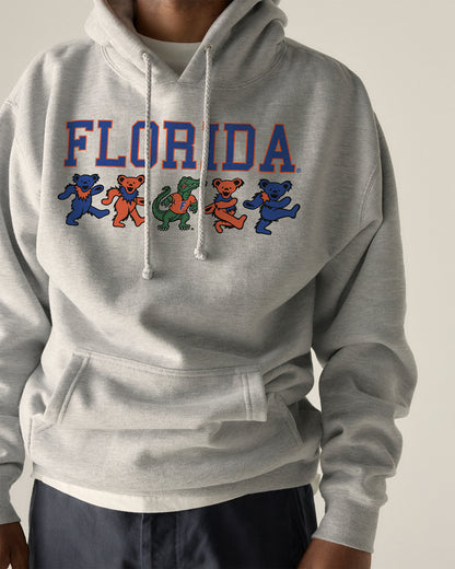 Grey hoodie with FLORIDA text and dancing bears. Florida x Grateful Dead Mascot Bears Hoodie Class Trip | Higher Education