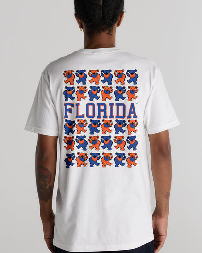 Back view of a white Florida x Grateful Dead Stacked Bears Tee by Class Trip | Higher Education