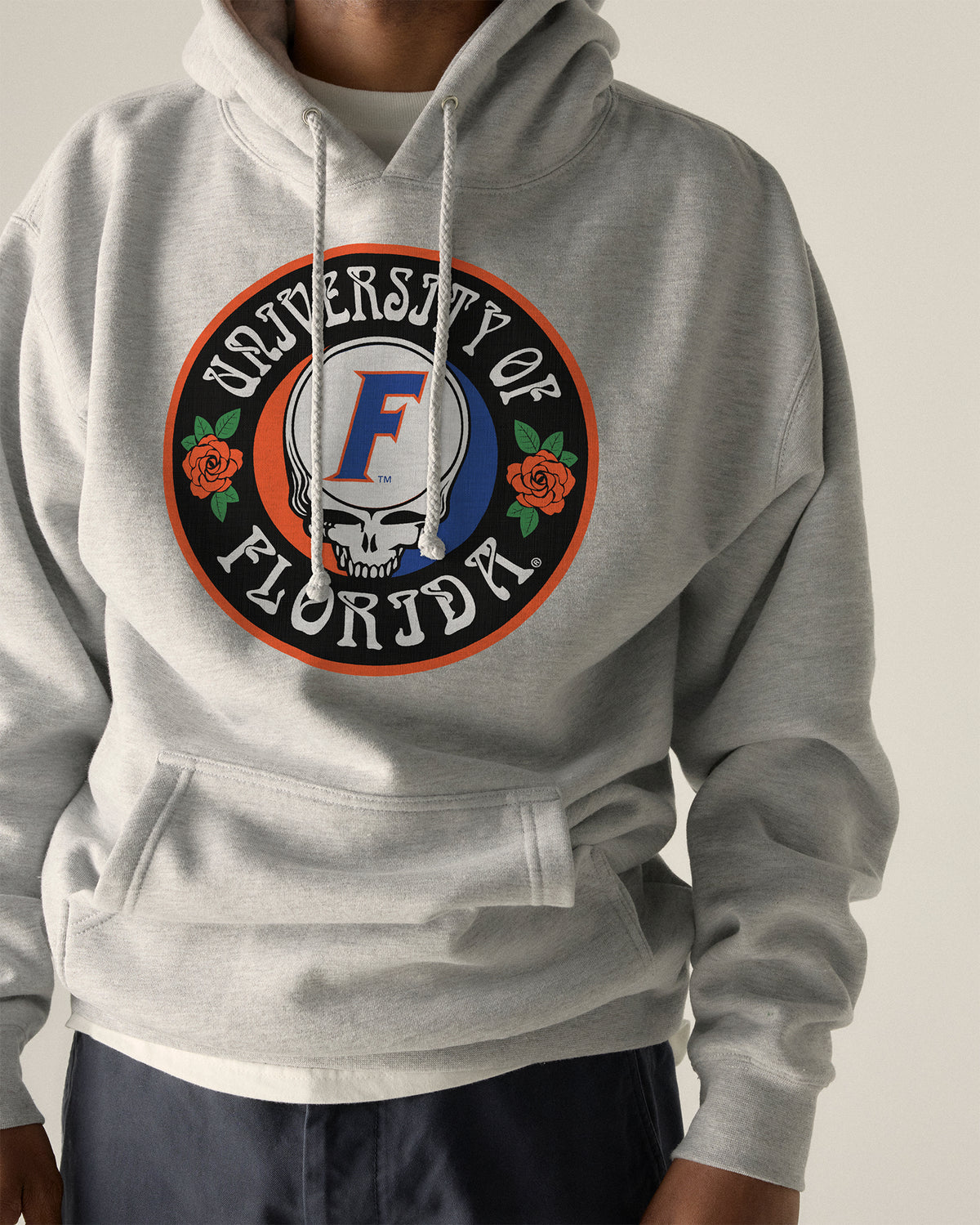 Grey Class Trip hoodie featuring a University of Florida and skull graphic. Florida x Grateful Dead Run for the Roses Hoodie Class Trip | Higher Education