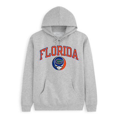 Grey Florida hoodie with Steal Your Face skull graphic. Florida x Grateful Dead Steal Your Face Arch Hoodie Class Trip | Higher Education