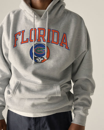 Grey Class Trip hoodie featuring Florida Gators and Grateful Dead logo. Florida x Grateful Dead Steal Your Face Arch Hoodie Class Trip | Higher Education