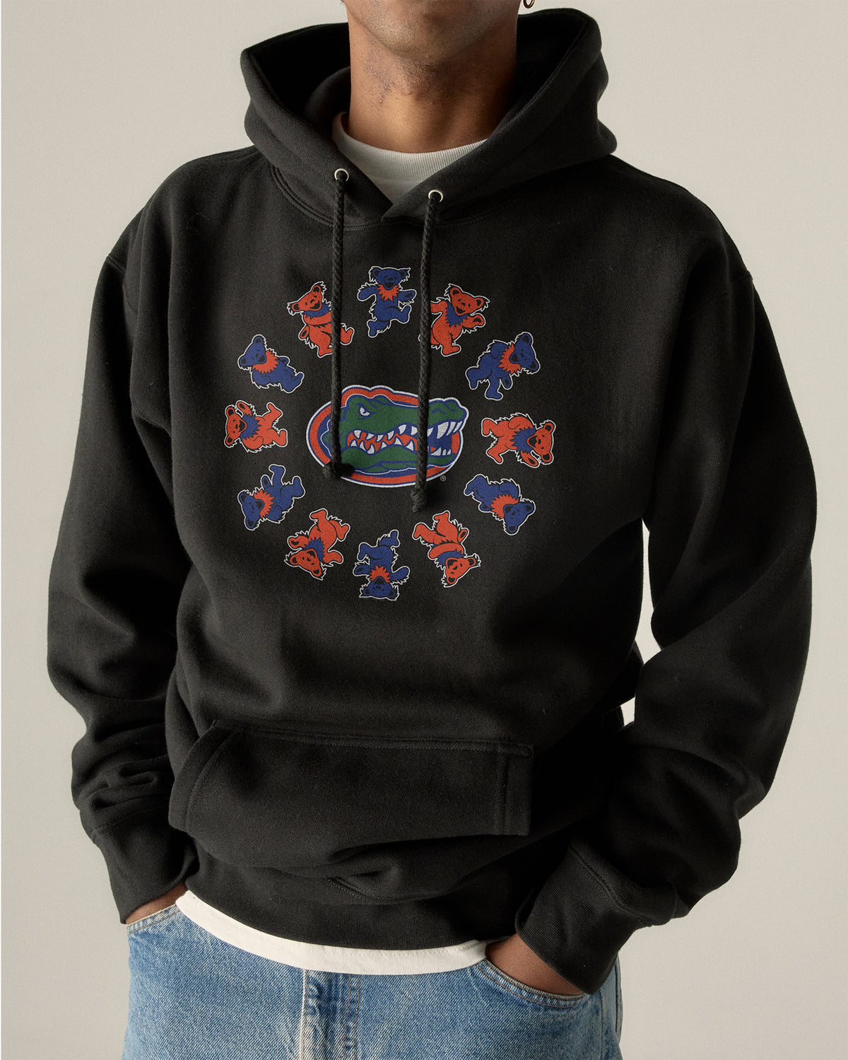 Black hoodie featuring Florida Gators logo surrounded by Grateful Dead bears. Florida x Grateful Dead Circle Bears Hoodie Class Trip | Higher Education