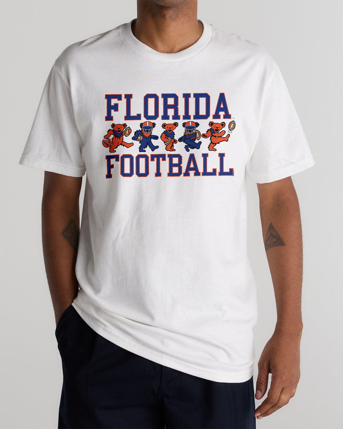 White Class Trip t-shirt featuring Florida Football dancing bears. Florida x Grateful Dead Football Bears Tee Class Trip | Higher Education
