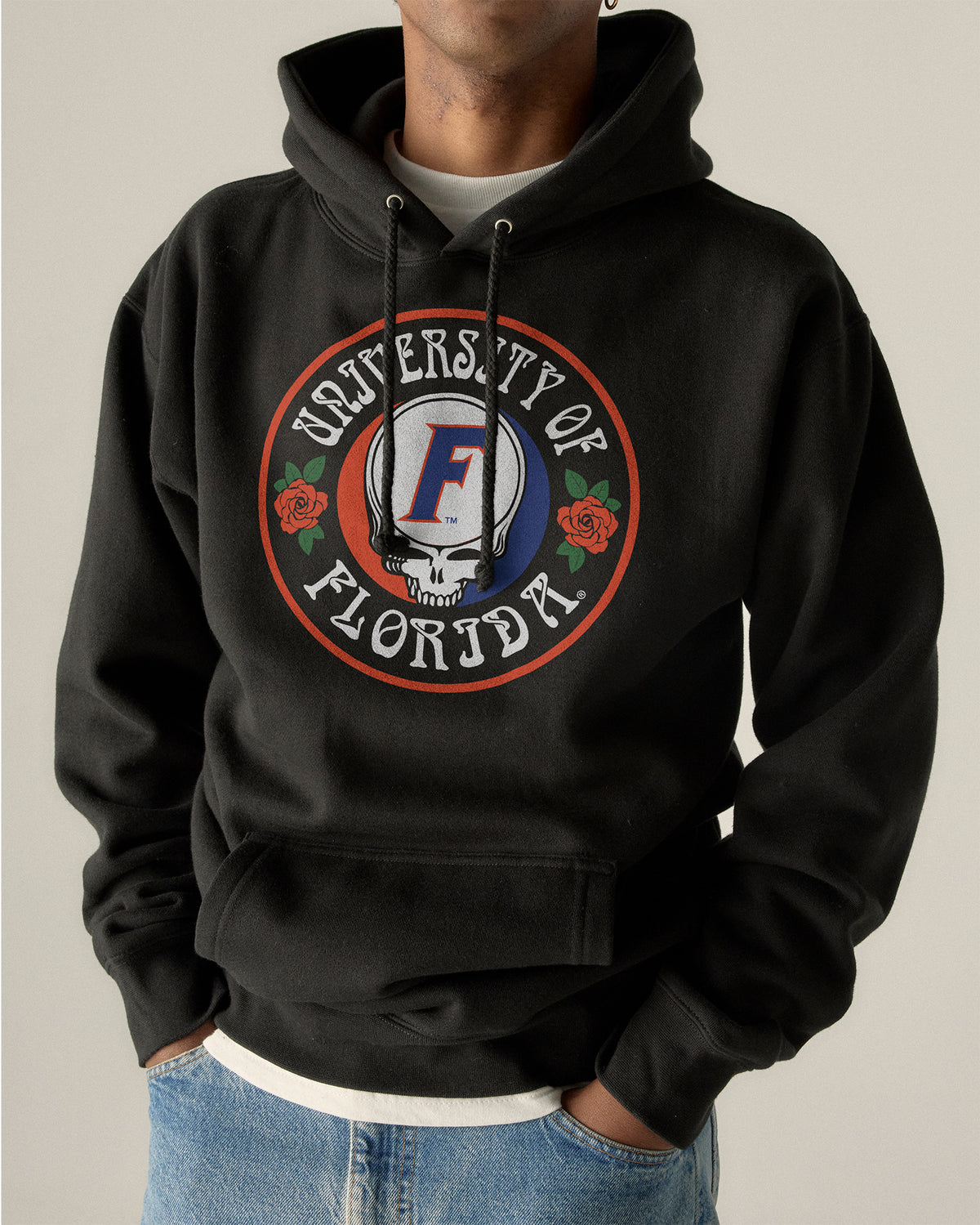 Black hoodie with Florida x Grateful Dead skull graphic. Florida x Grateful Dead Run for the Roses Hoodie Class Trip | Higher Education