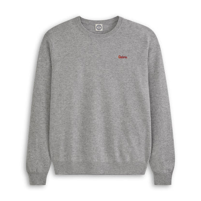 Men's heather grey merino wool crewneck sweater with small red collegiate logo, Class Trip | Officially Licensed Collegiate Apparel