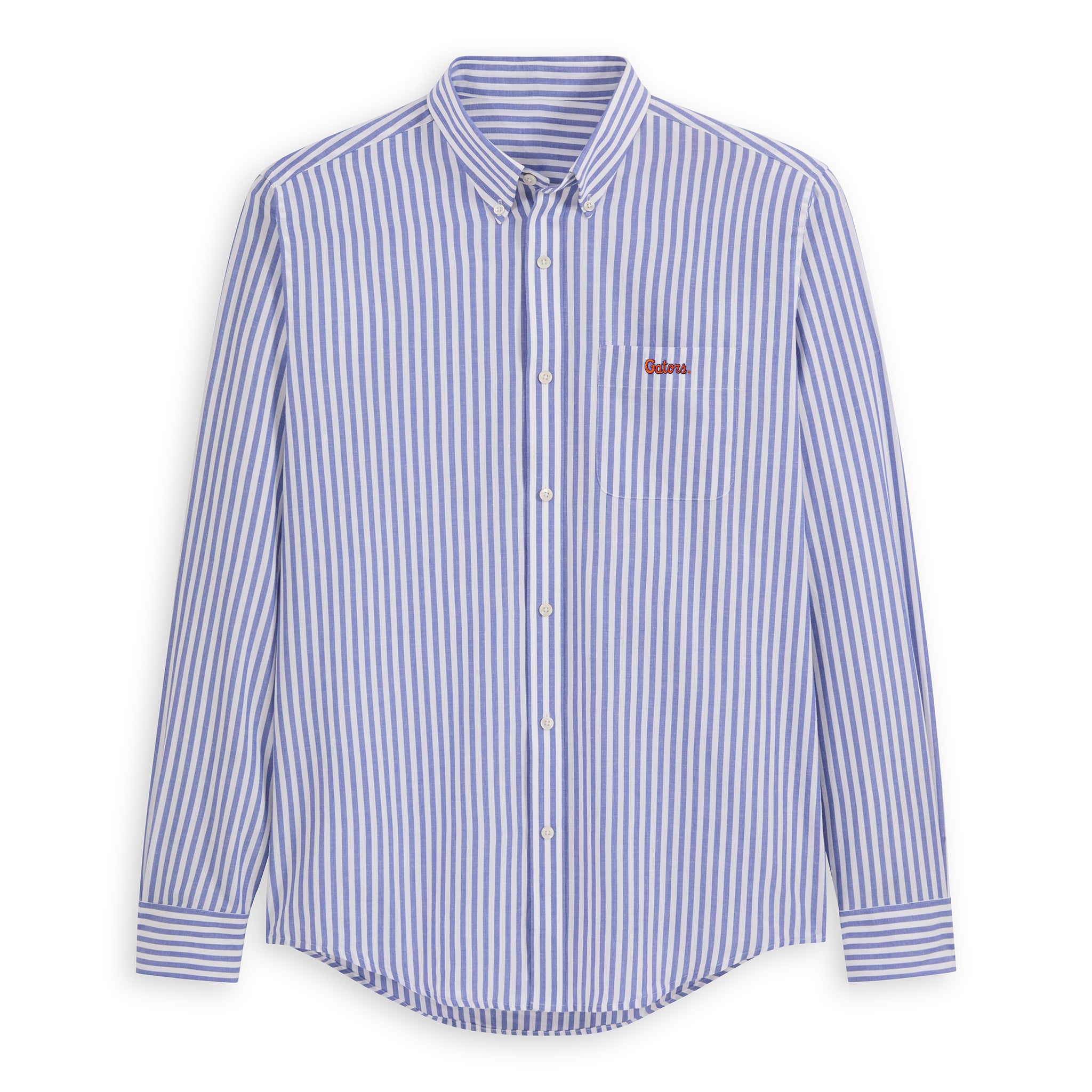 Men's blue and white striped button-up collegiate shirt with chest logo, Class Trip | Officially Licensed Collegiate Apparel