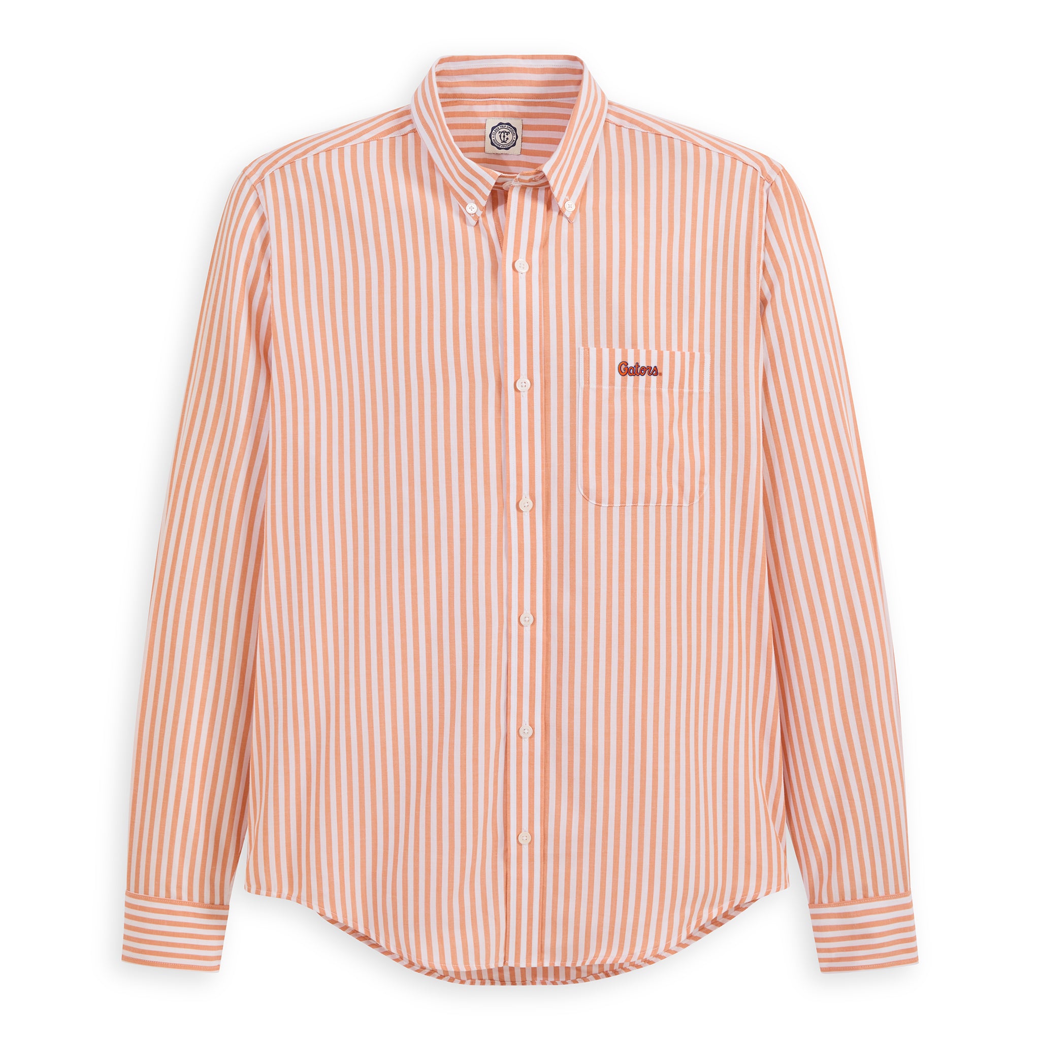 Men's orange and white striped poplin button-down shirt with embroidered collegiate logo, long sleeves, and chest pocket. Class Trip | Officially Licensed Collegiate Apparel